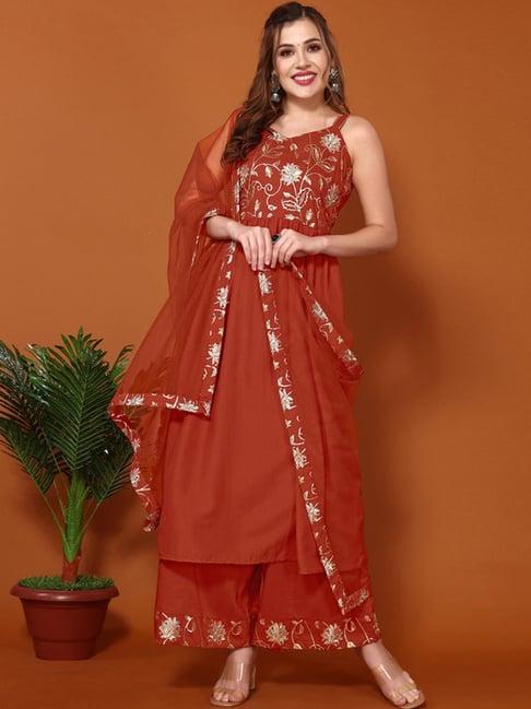 skylee orange embroidered kurta palazzo set with dupatta