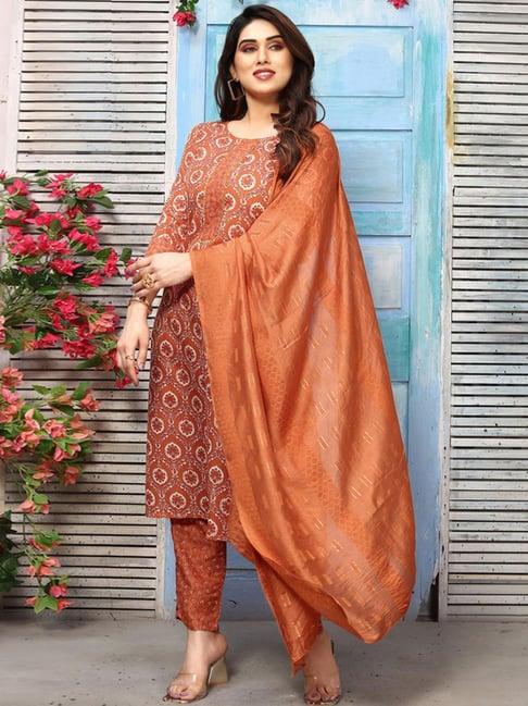 skylee orange printed kurta pant set with dupatta