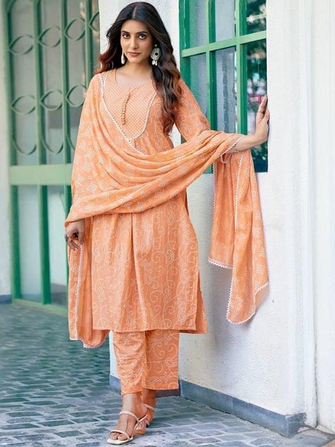 skylee orange printed kurta pant set with dupatta
