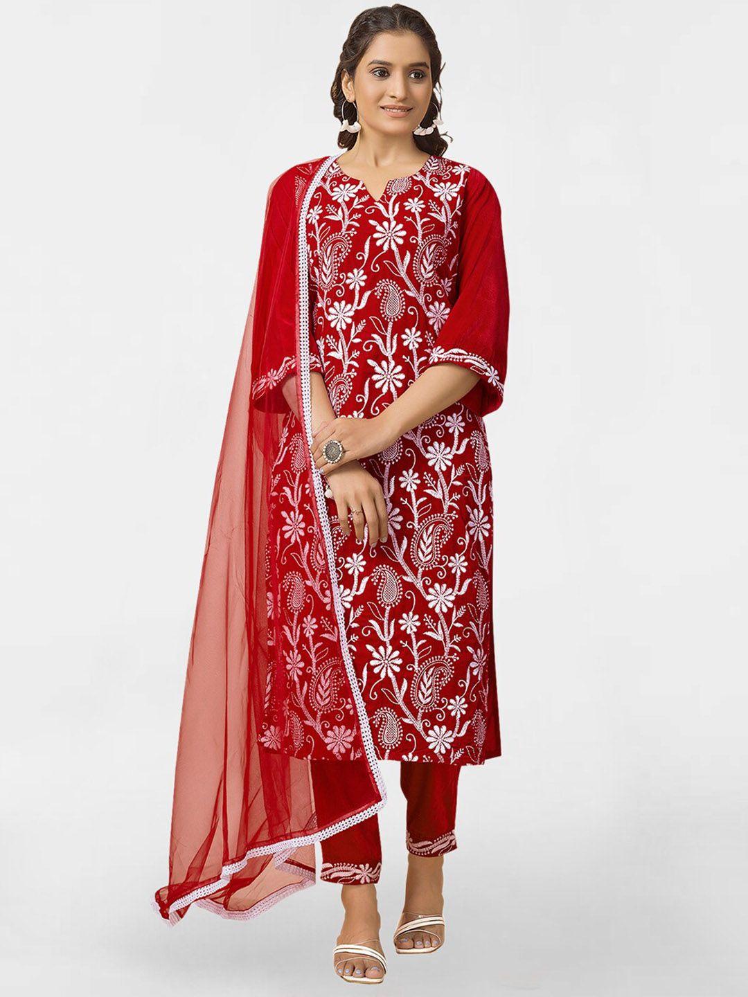 skylee paisley embroidered thread work  straight velvet kurta & trousers with dupatta