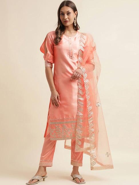 skylee peach embroidered kurta pant set with dupatta