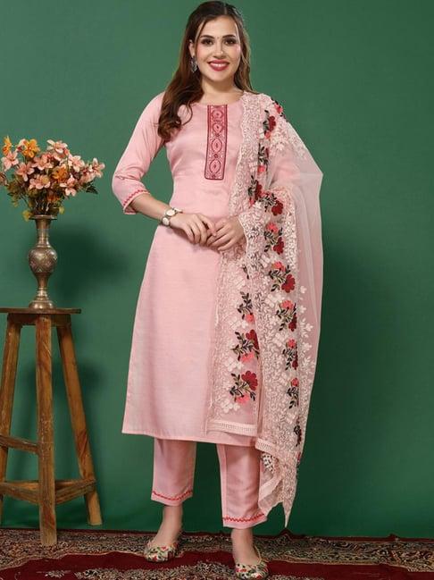 skylee peach embroidered kurta pant set with dupatta