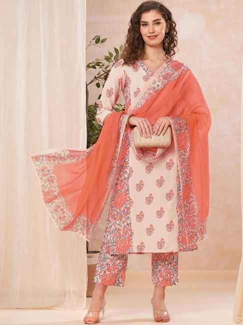 skylee peach printed kurta pant set with dupatta