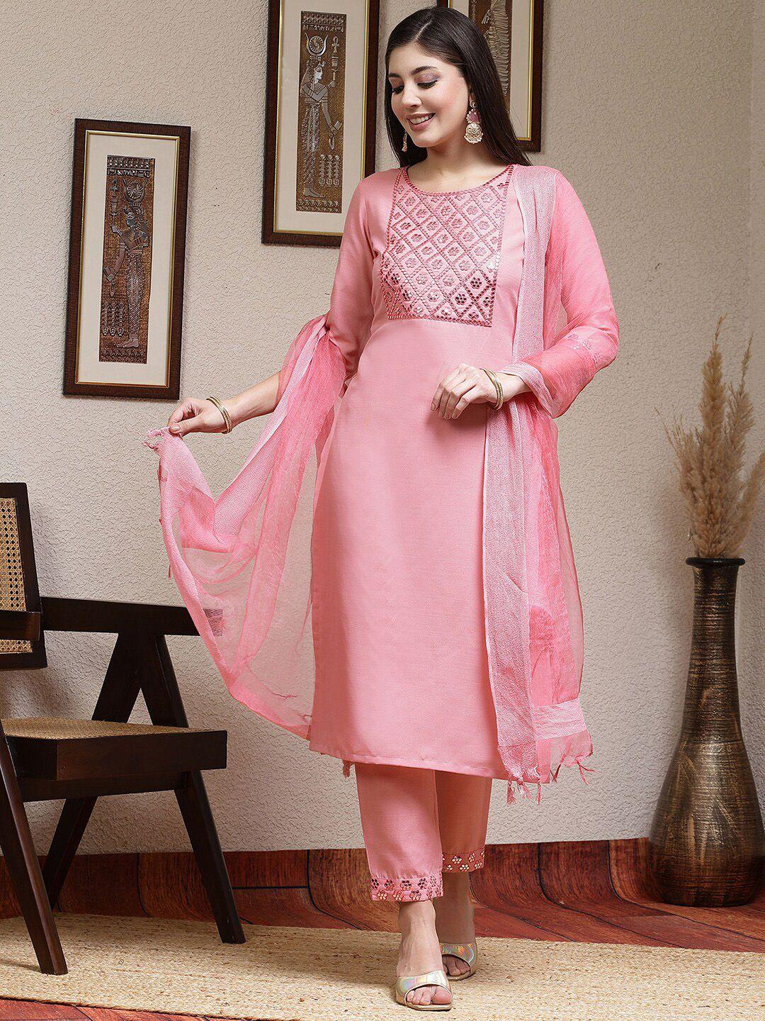 skylee pink & gold toned yoke design embroidered straight kurta with trousers & dupatta