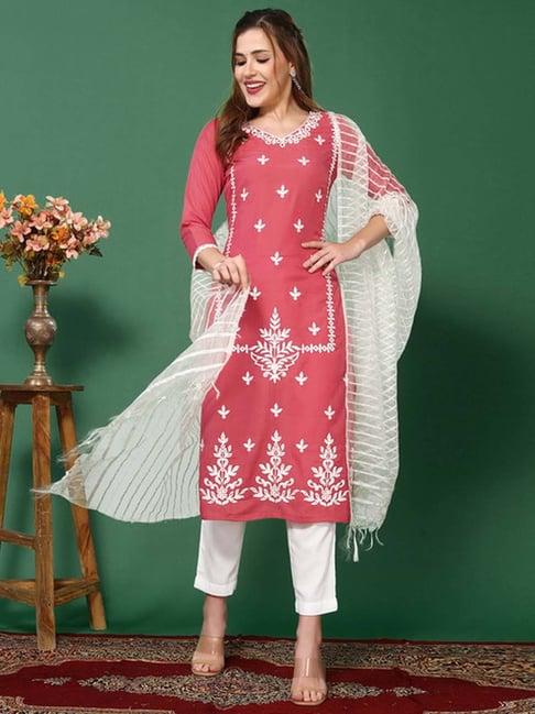 skylee pink & white embroidered kurta pant set with dupatta