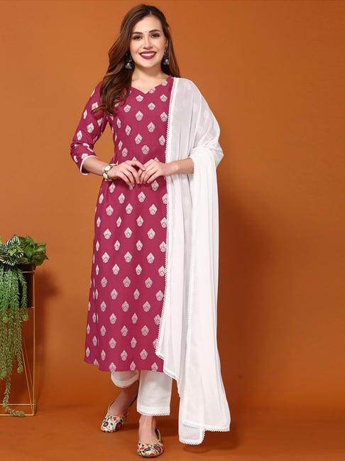 skylee pink & white printed kurta pant set with dupatta