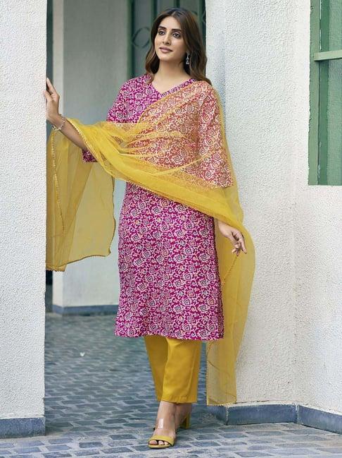 skylee pink & yellow cotton printed kurta pant set with dupatta