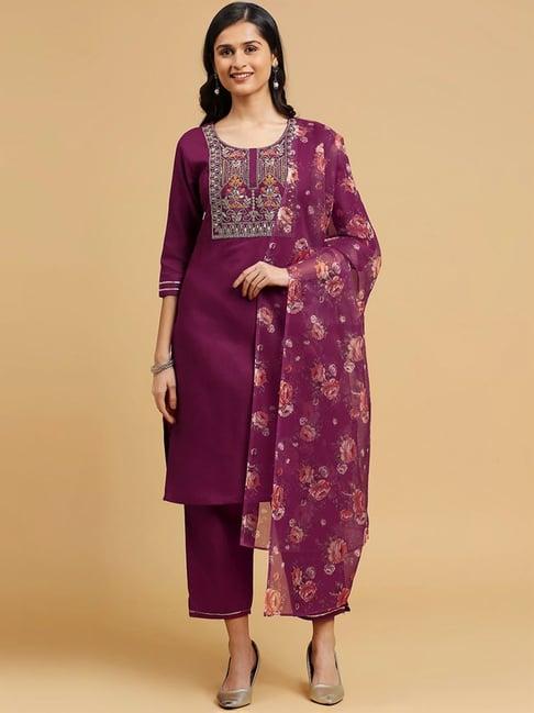 skylee pink cotton embroidered kurta pant set with dupatta