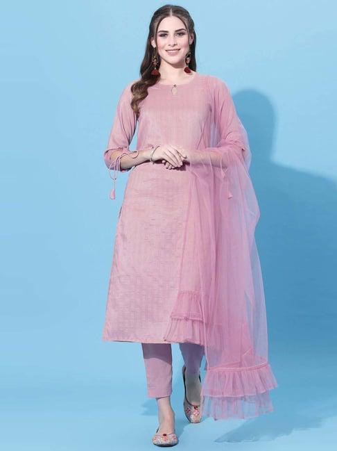 skylee pink woven pattern kurta pant set with dupatta