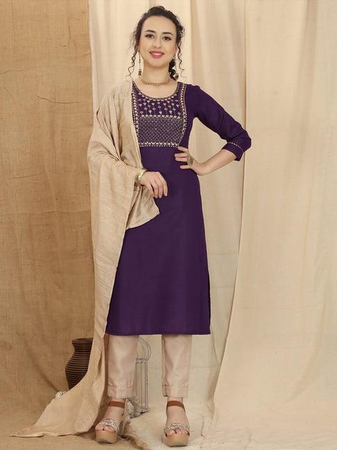 skylee purple & beige embellished kurta pant set with dupatta