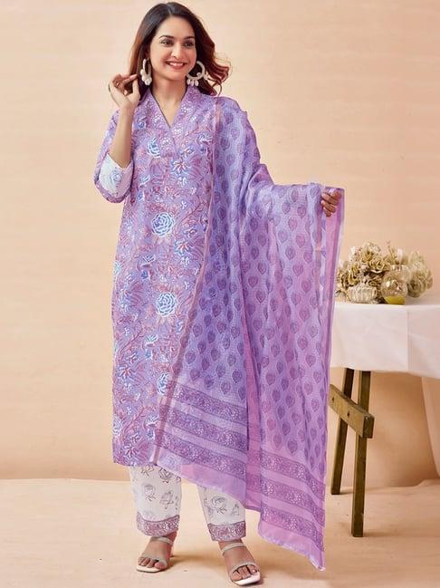 skylee purple & white floral print kurta pant set with dupatta