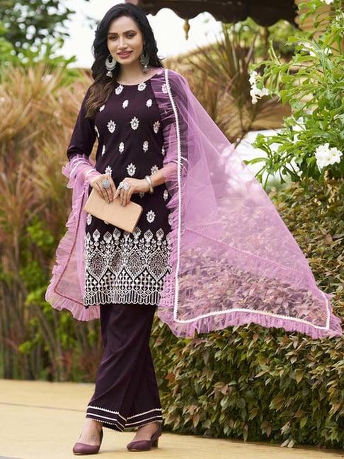 skylee purple embroidered kurta pant set with dupatta