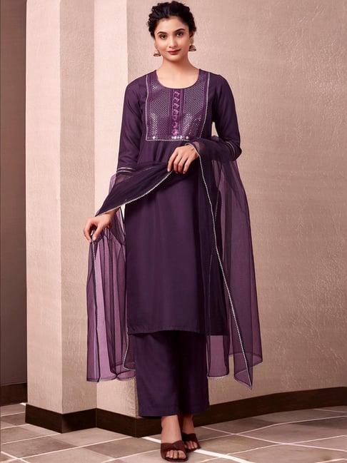 skylee purple embroidered kurta pant set with dupatta