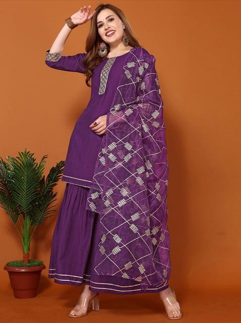 skylee purple embroidered kurti sharara set with dupatta