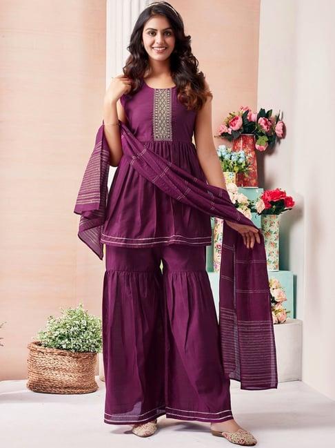 skylee purple embroidered kurti sharara set with dupatta