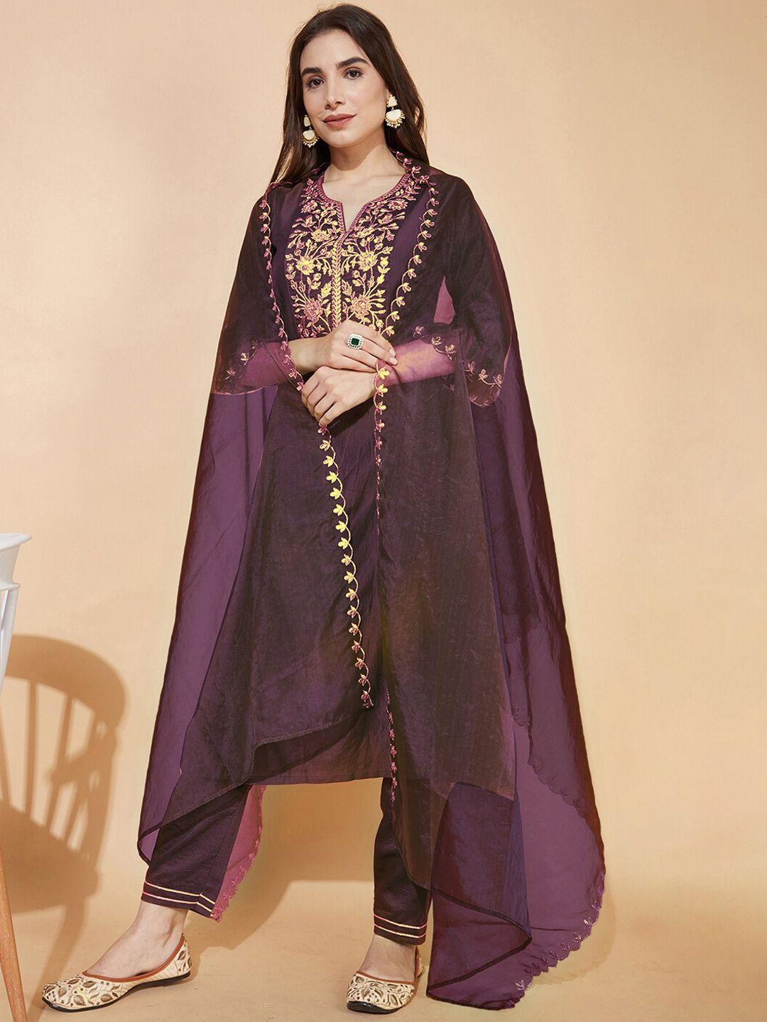 skylee purple floral embroidered notch neck straight kurta & trousers with dupatta