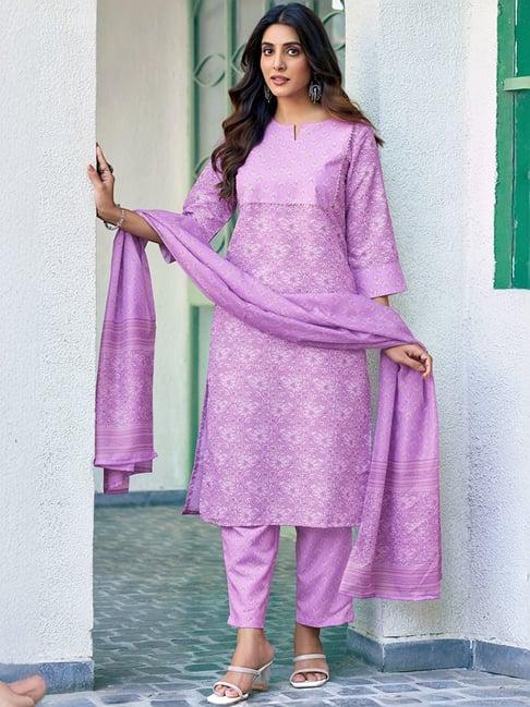 skylee purple floral print kurta pant set with dupatta