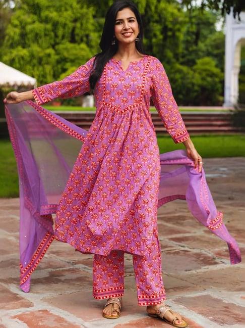 skylee purple printed kurta palazzo set with dupatta