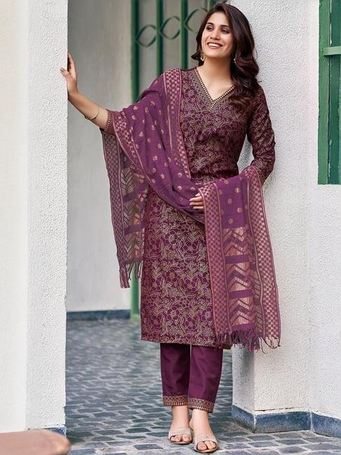 skylee purple printed kurta pant set with dupatta