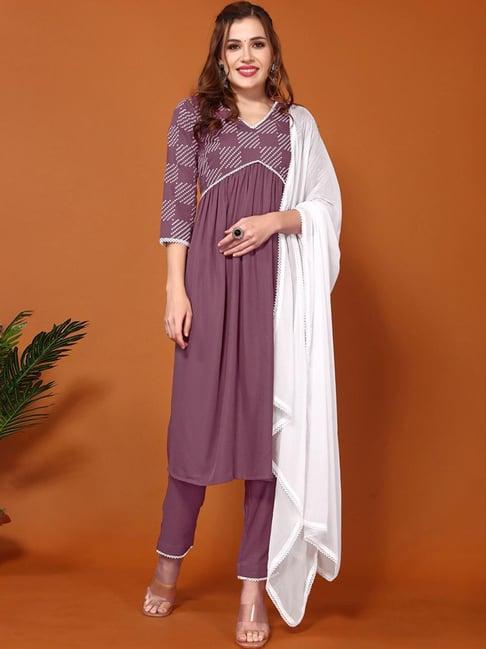 skylee purple printed kurta pant set with dupatta