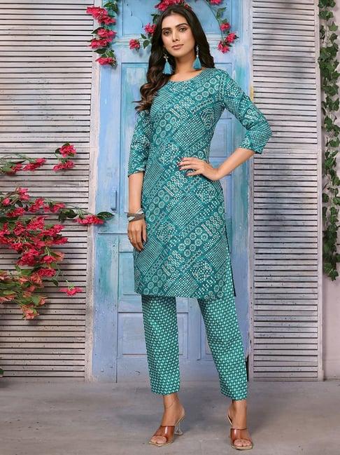 skylee rama green printed kurta pant set