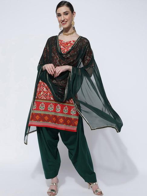 skylee red & green printed kurti salwar set with dupatta