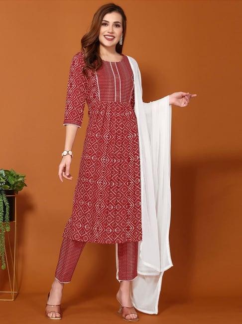 skylee red & white printed kurta pant set with dupatta