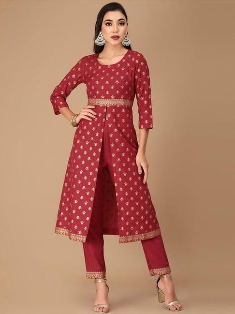 skylee red printed kurta pant set