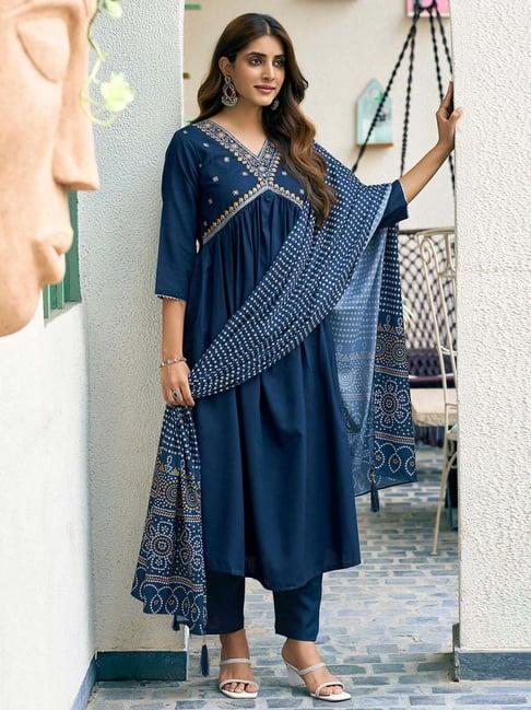 skylee teal blue cotton embroidered kurta pant set with dupatta