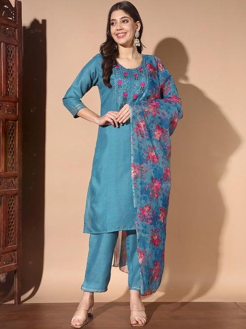 skylee teal blue embroidered kurta pant set with dupatta