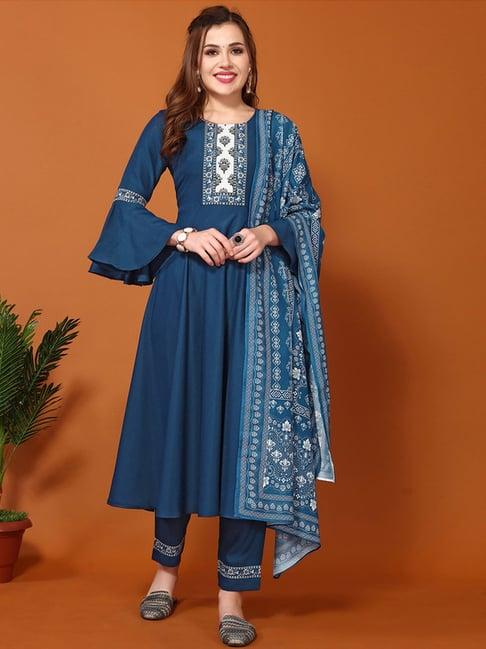 skylee teal blue printed kurta pant set with dupatta