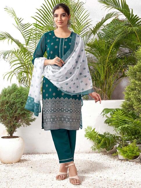 skylee teal green printed kurta pant set with dupatta