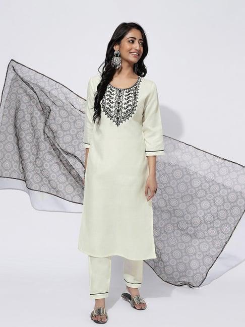 skylee white & black embroidered kurta pant set with dupatta