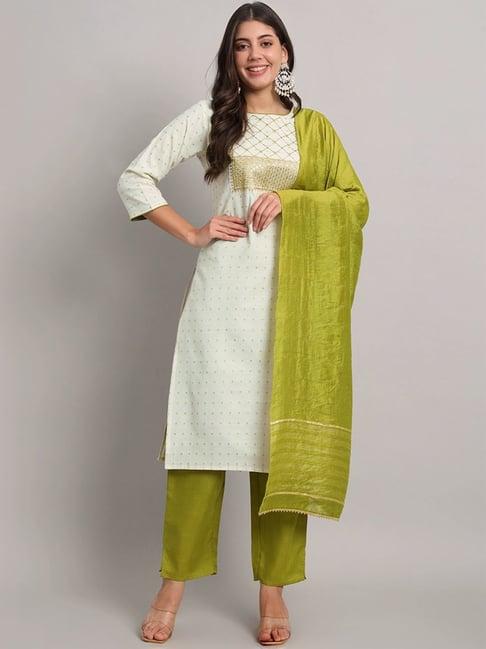 skylee white & green cotton embroidered kurta pant set with dupatta