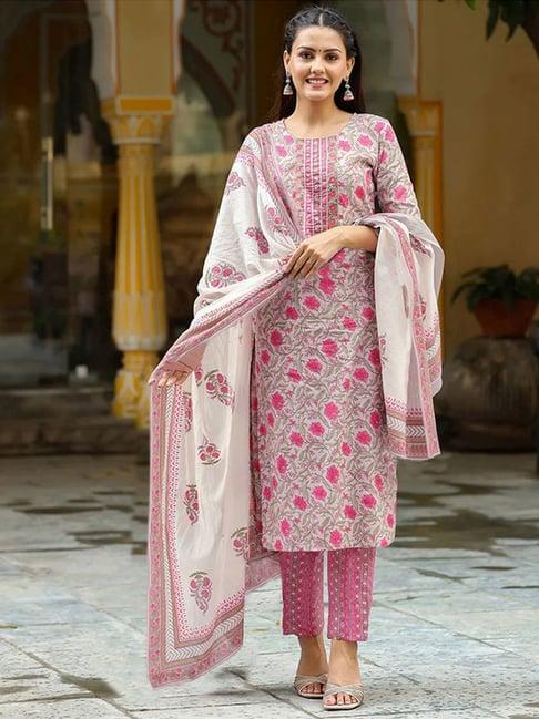 skylee white & pink floral print kurta pant set with dupatta