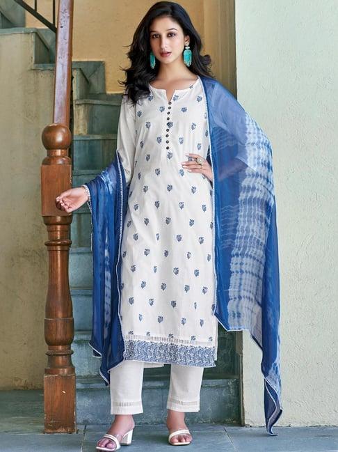 skylee white cotton embroidered kurta pant set with dupatta