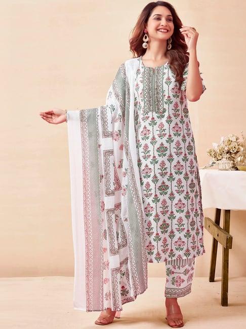 skylee white floral print kurta pant set with dupatta