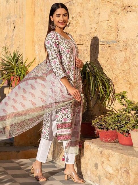 skylee white printed kurta pant set with dupatta