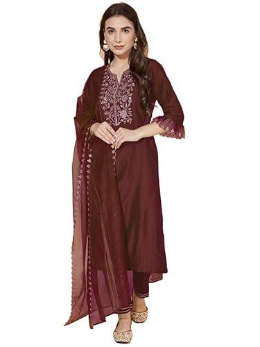 skylee women's embroidery chinnon silk straight kurta set with dupatta (38kbd477n-xxl_maroon)