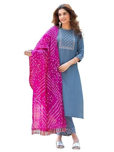 skylee women's embroidery chinnon straight kurta set with dupatta (71kbd801n-m_dusty blue)