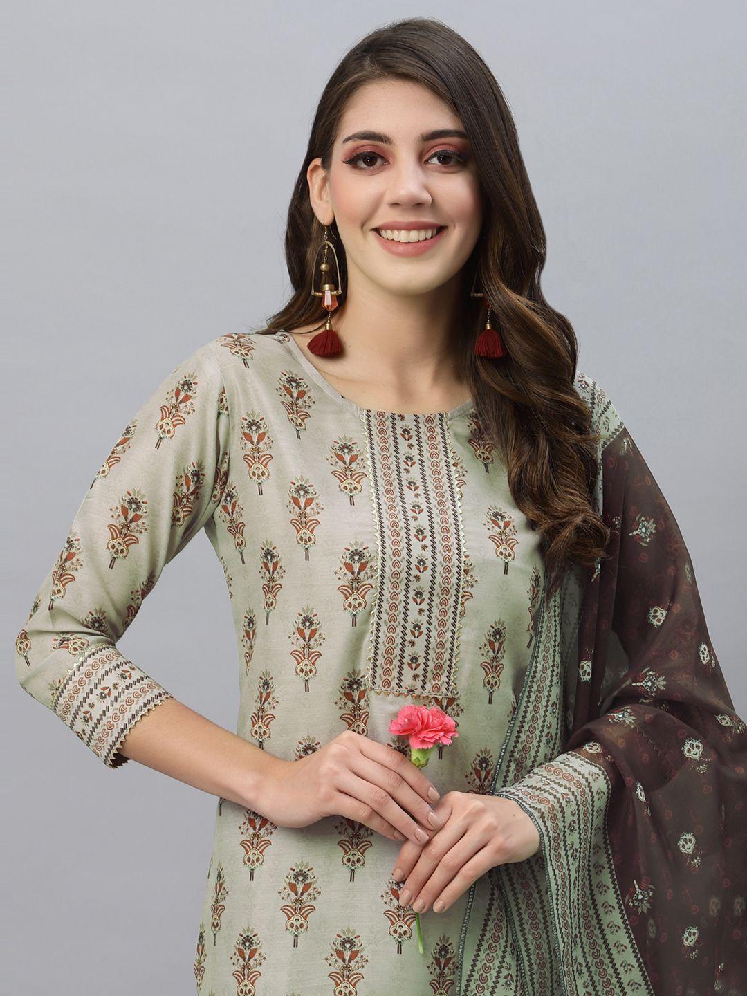 skylee women beige ethnic motifs embroidered pleated kurta & trousers with dupatta