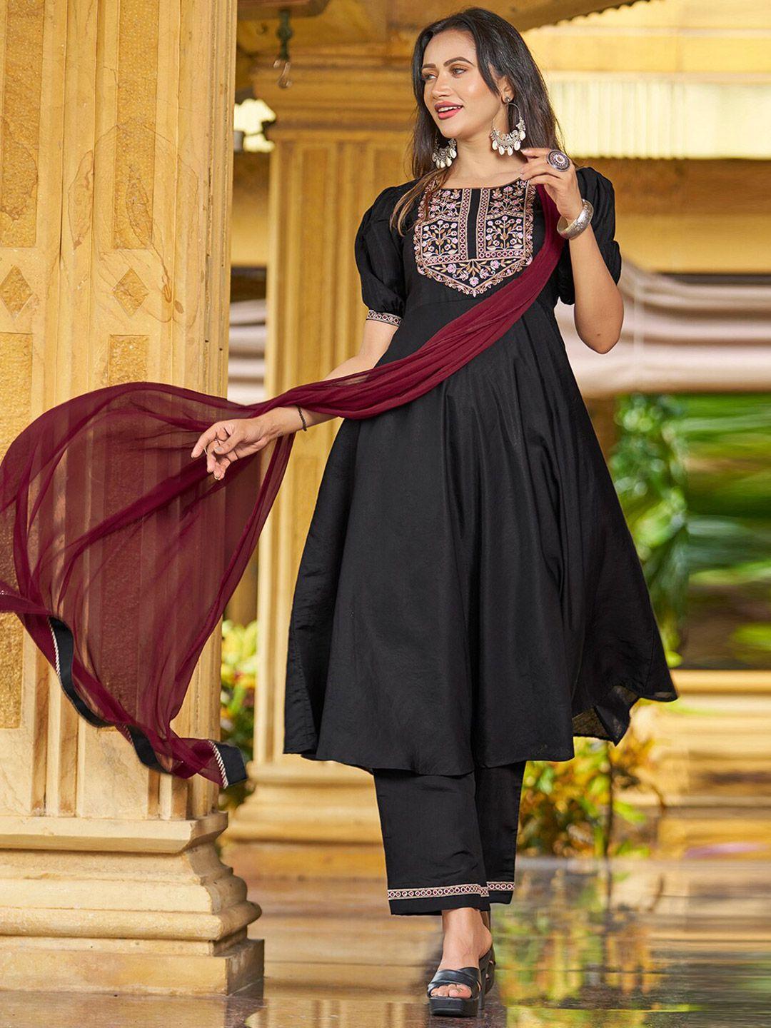 skylee women black embroidered regular thread work kurti with palazzos & with dupatta