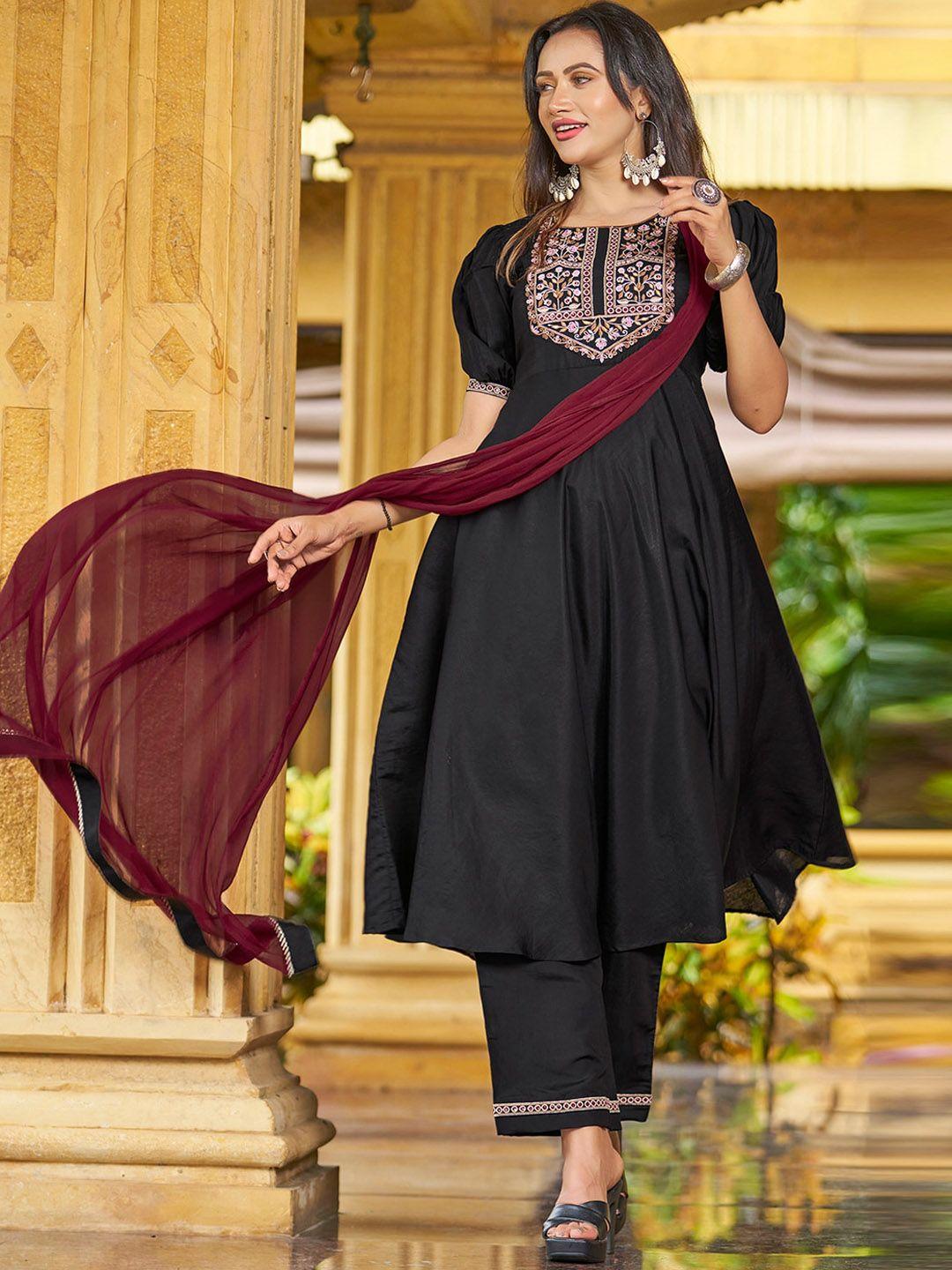 skylee women embroidered regular thread work kurti with palazzos & with dupatta