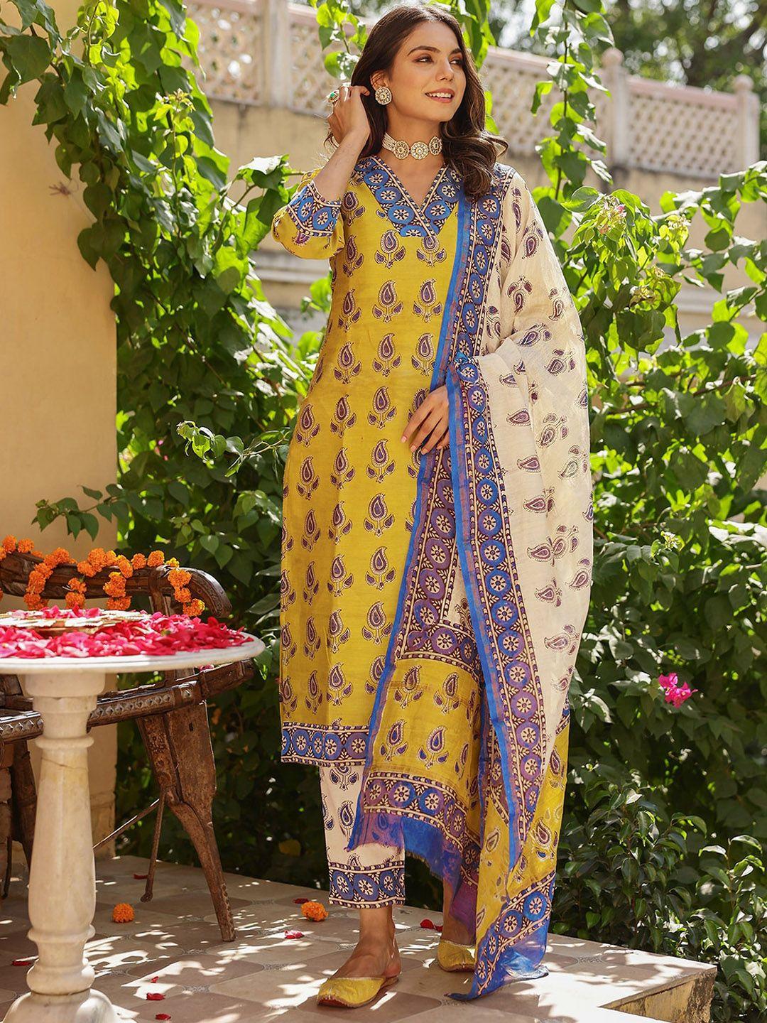 skylee women ethnic motifs printed regular kurta with trousers & with dupatta