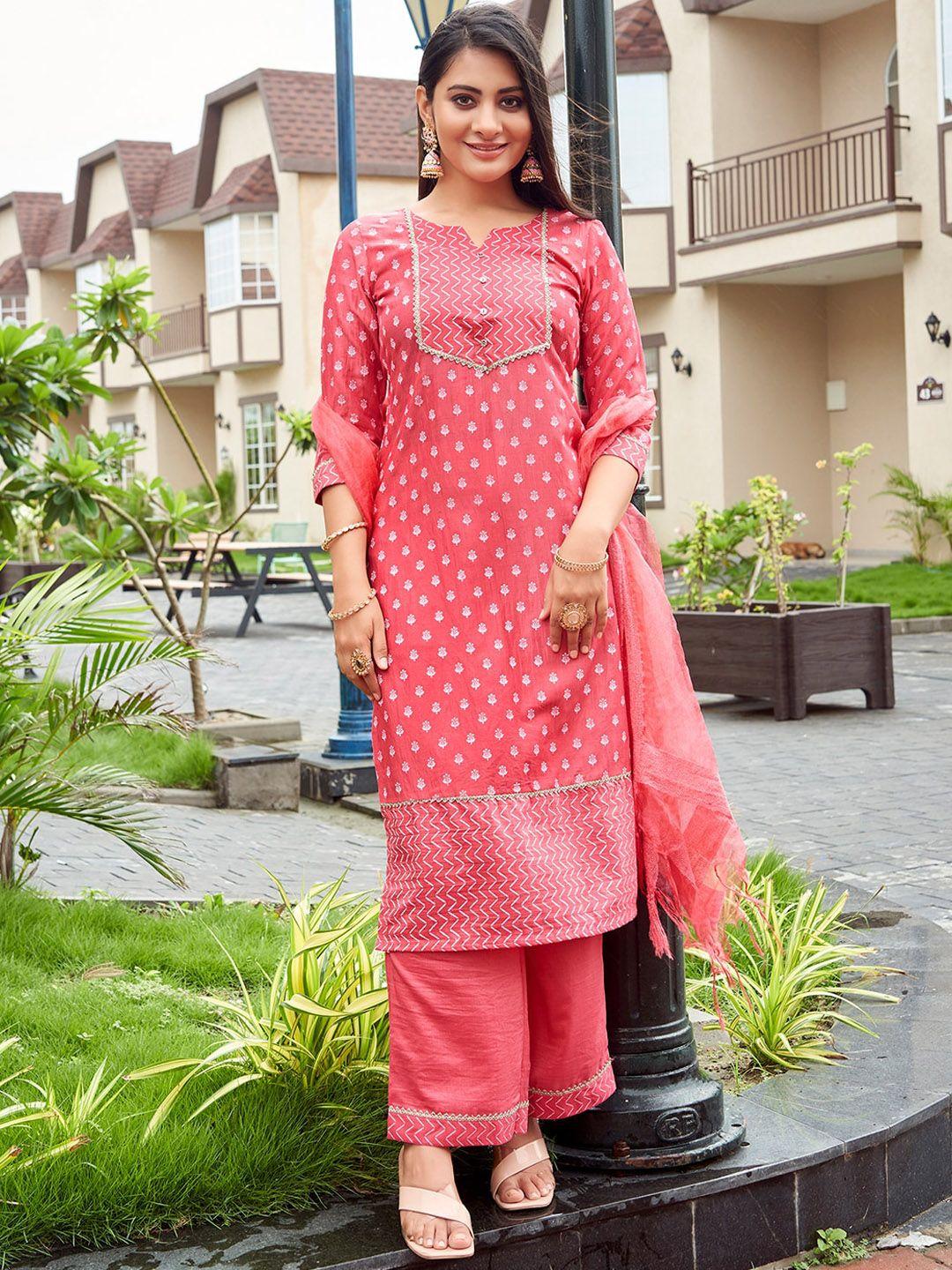 skylee women floral printed regular kurti with palazzos & with dupatta