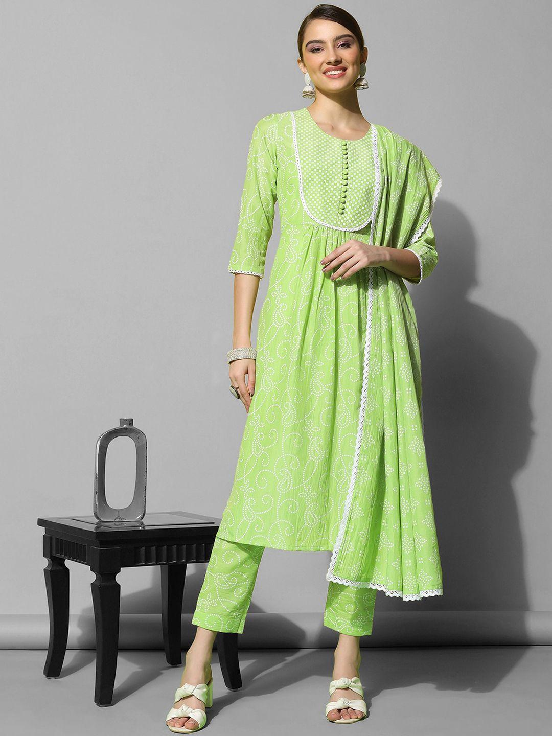 skylee women green bandhani printed regular kurta with trousers & with dupatta