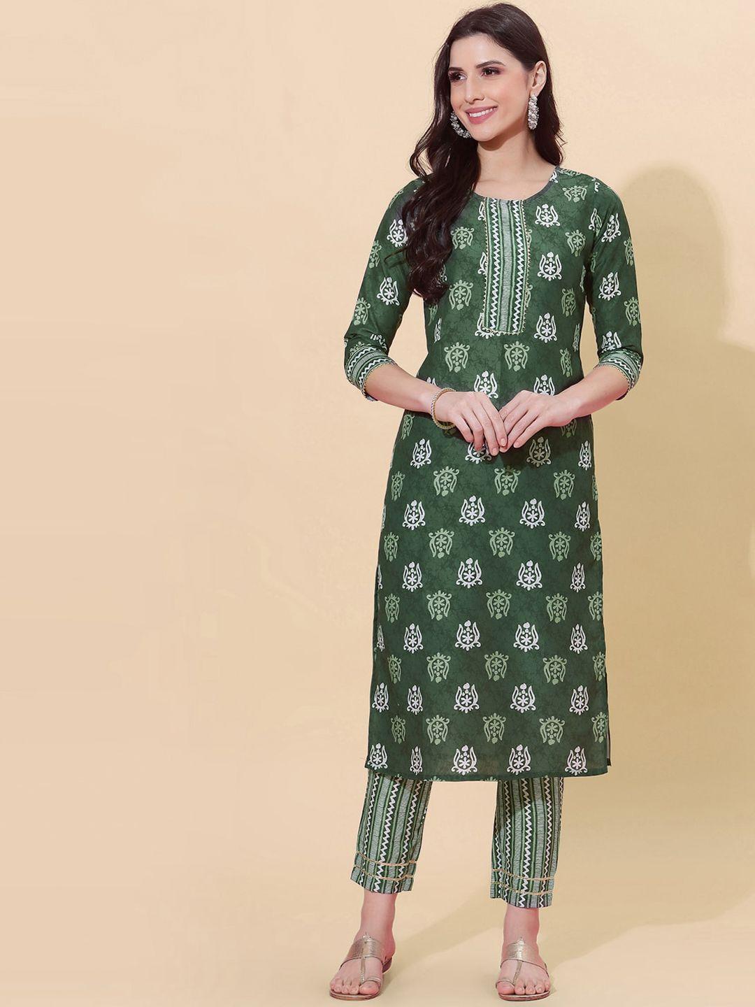skylee women green ethnic motifs printed kurta with trousers & with dupatta