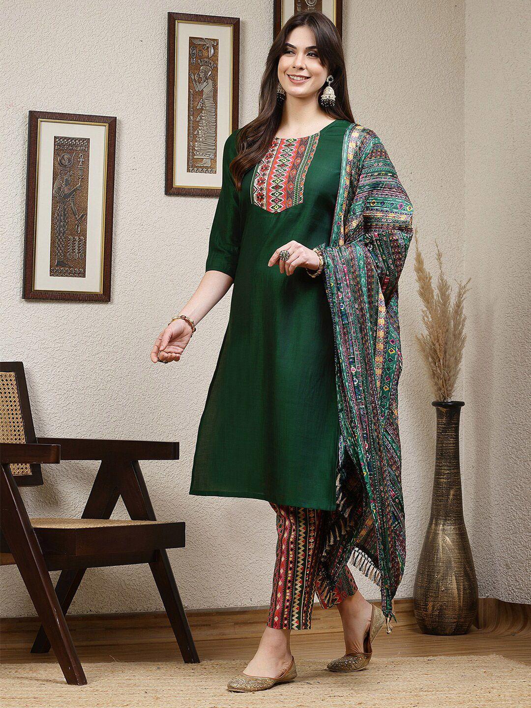 skylee women green floral printed regular kurta with trousers & with dupatta