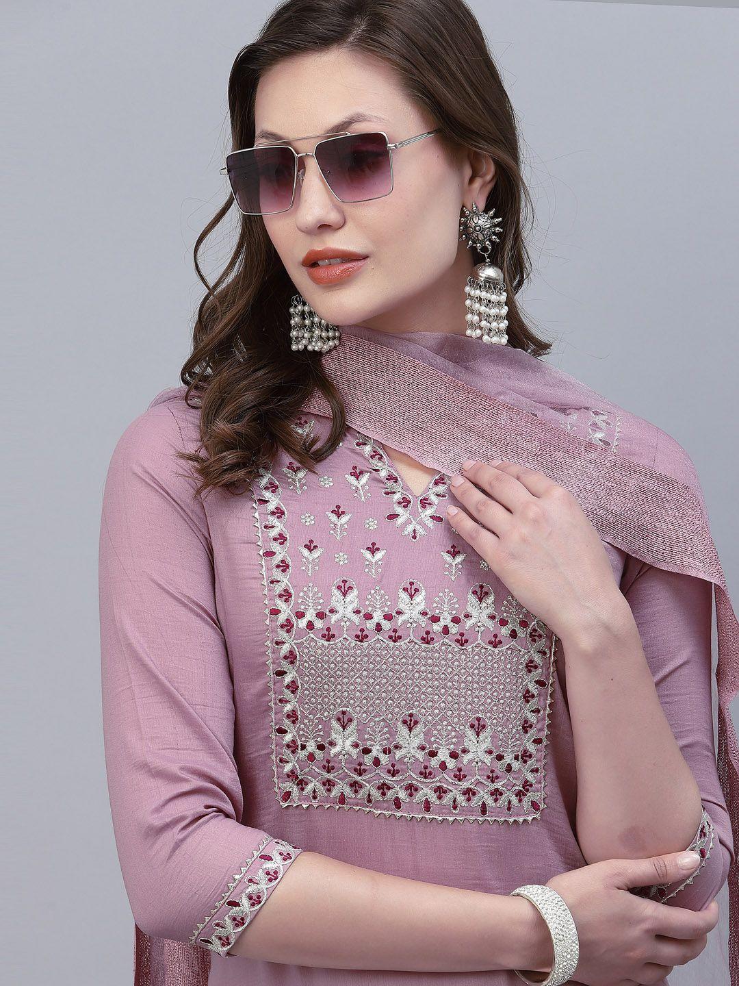 skylee women lavender ethnic motifs embroidered kurta with palazzos & with dupatta