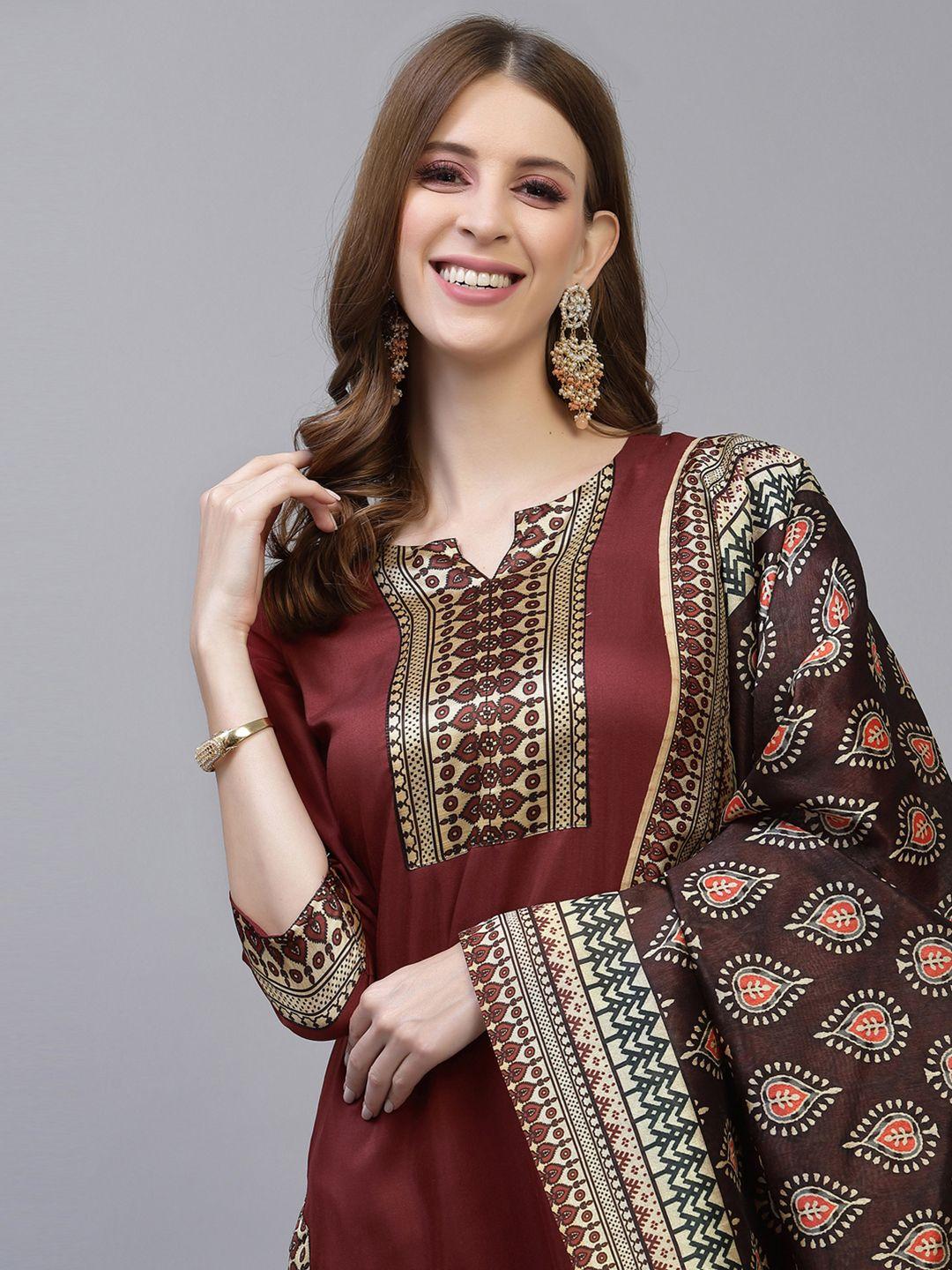 skylee women maroon & beige yoke design kurta with trouser & dupatta